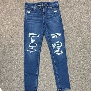 American Eagle Outfitters Women's Dark Blue Ripped Skinny Jeans